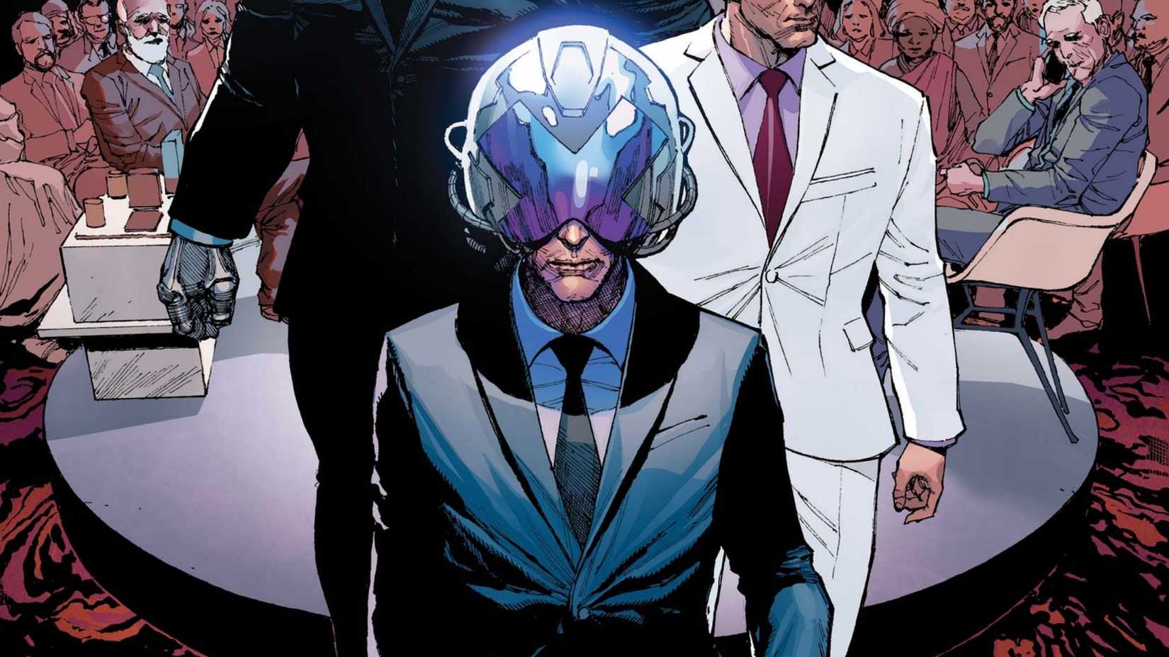 Professor X wearing his Cerebro helmet and a nice suit, Magneto and Apocalypse walking behind him