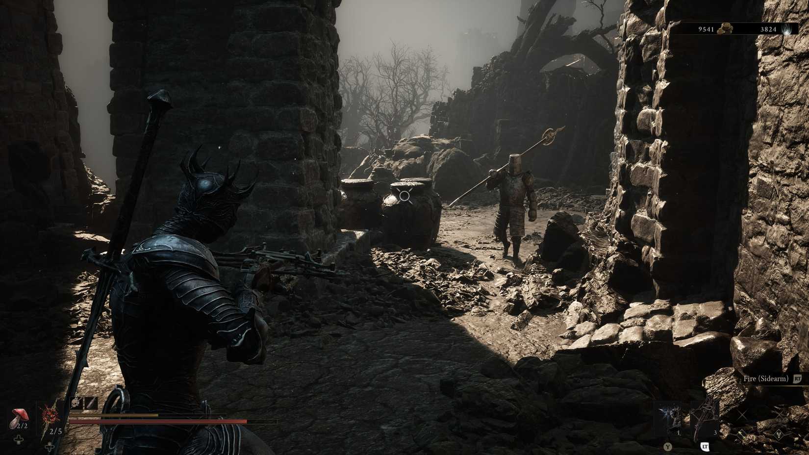 Proxima readies her crossbow as a halberd-wielding knight approaches in Mortal Shell II