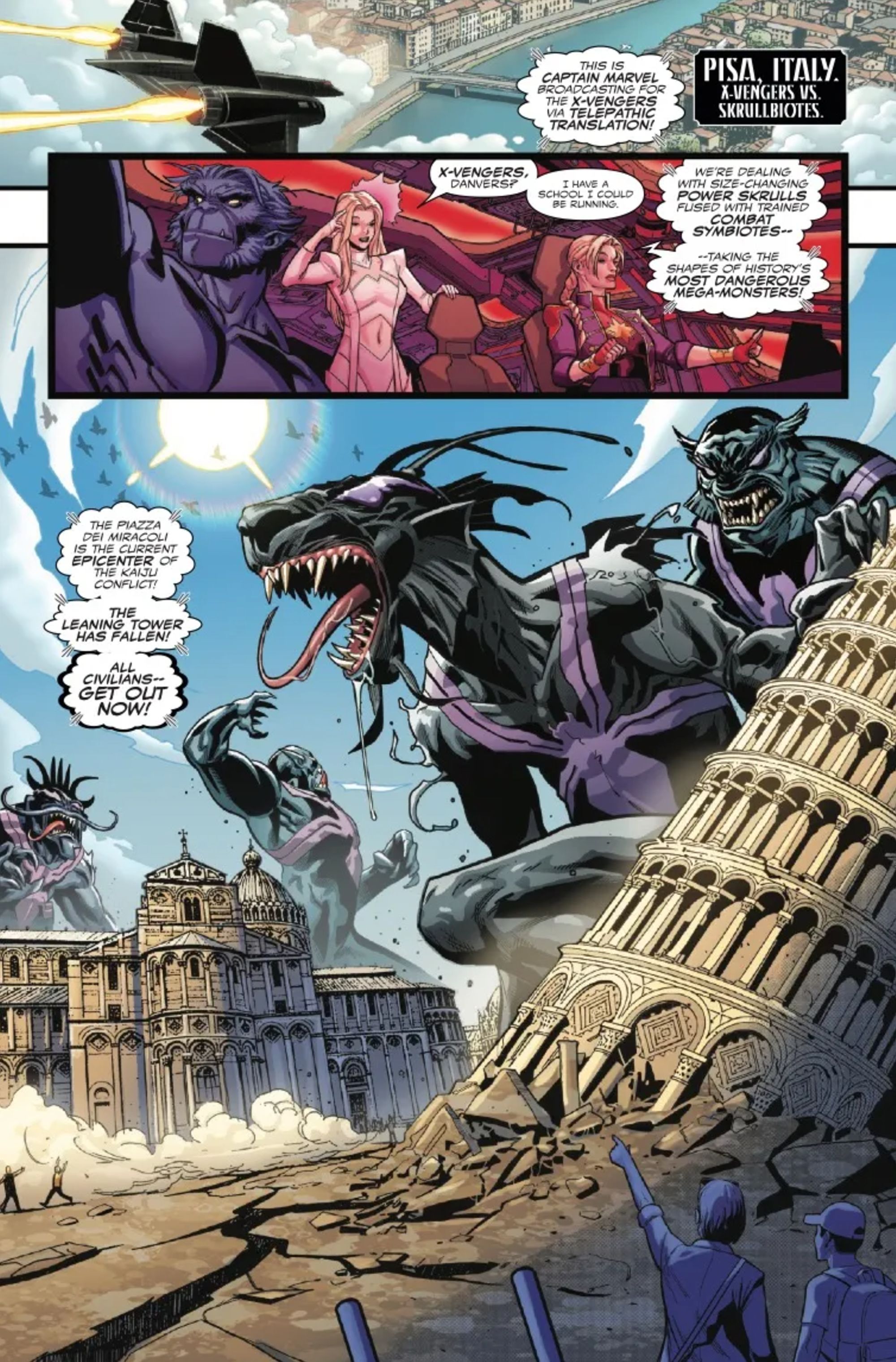 queen in black 3 preview, page 1, showing the x-men and avengers on one team