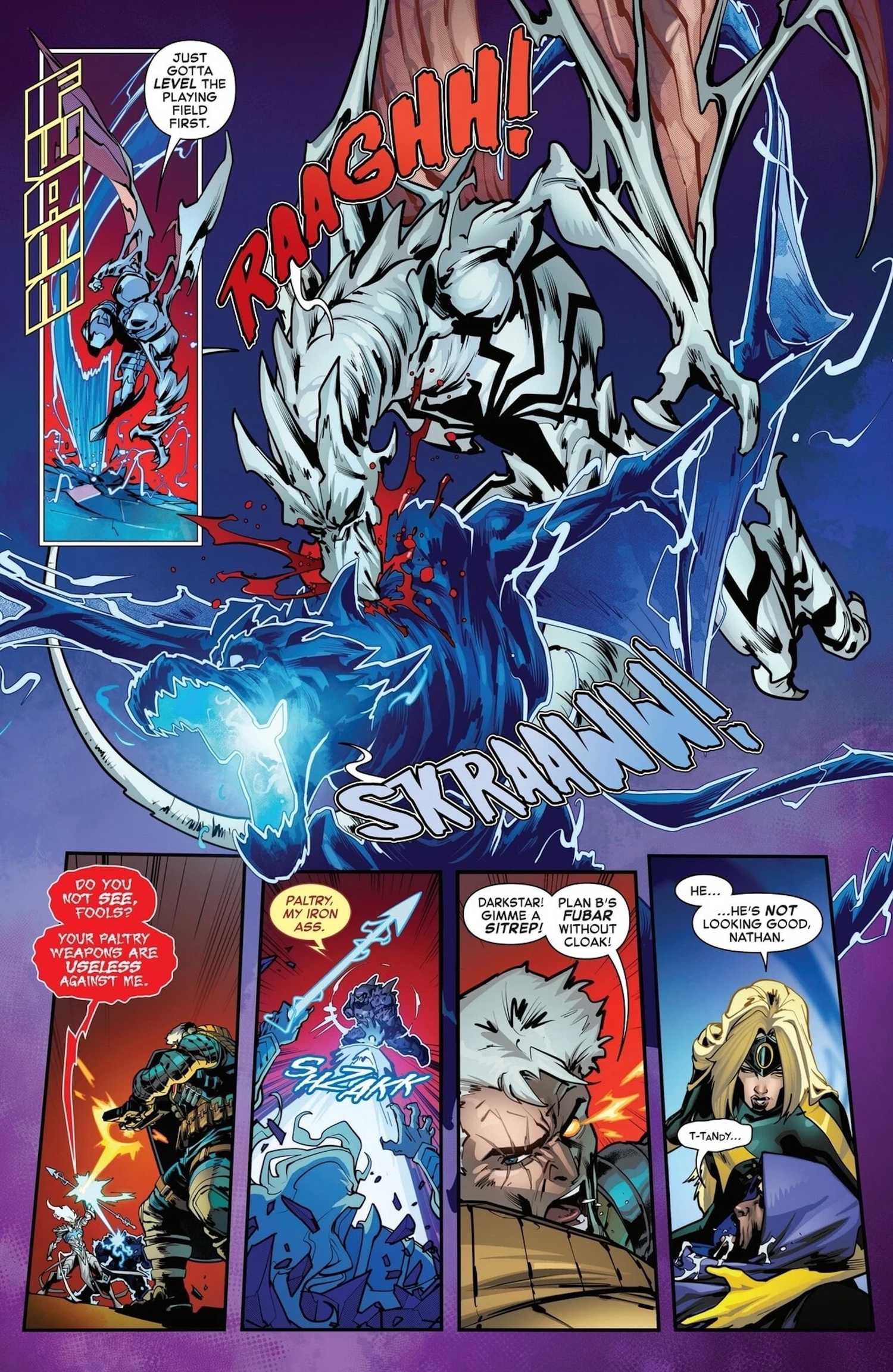 Comic book panels of The Defenders battling Knull and his symbiote dragon