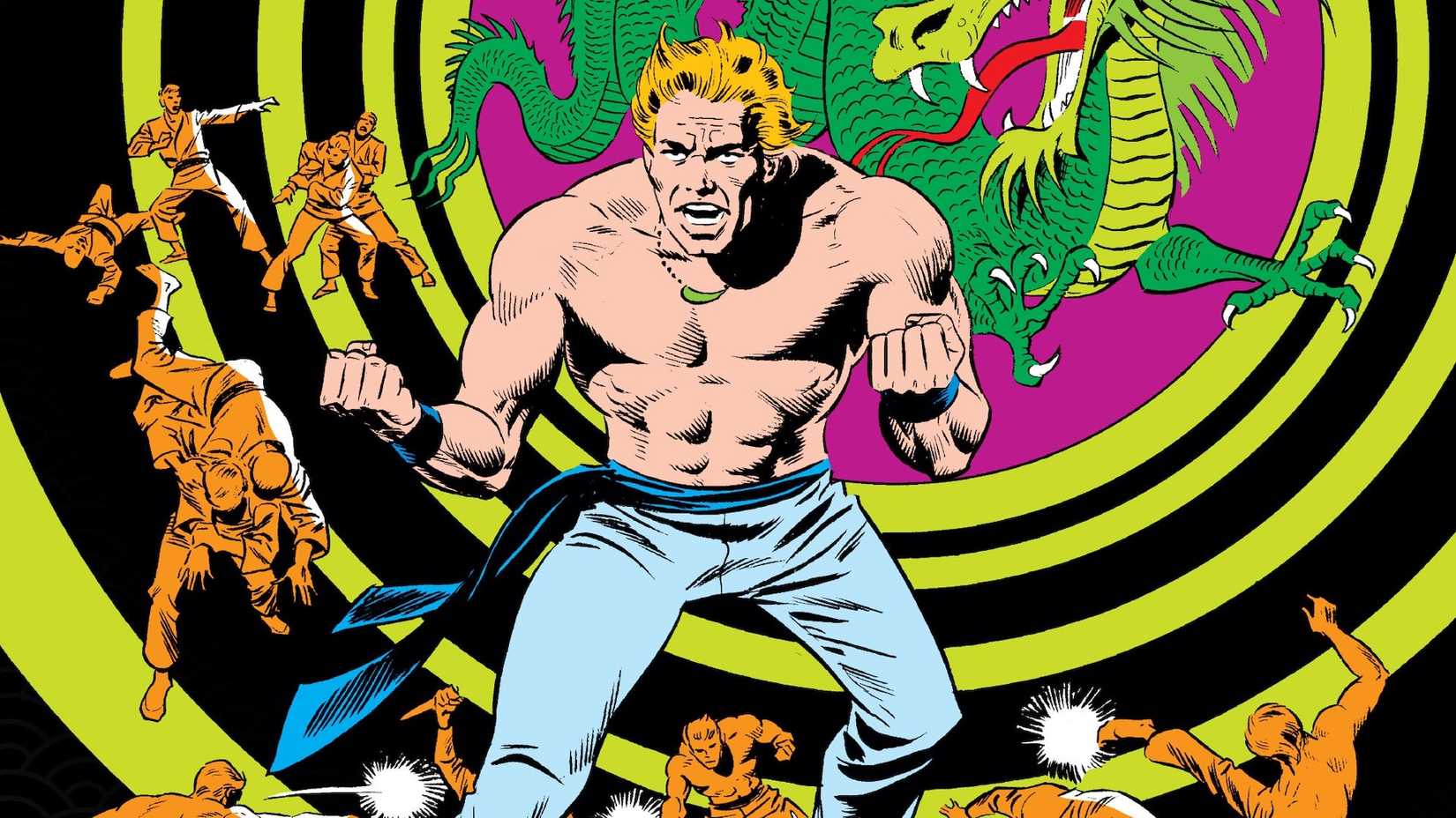 Richard Dragon with fists raised up, with artwork behind him of a dragon and other versions of him fighting enemies