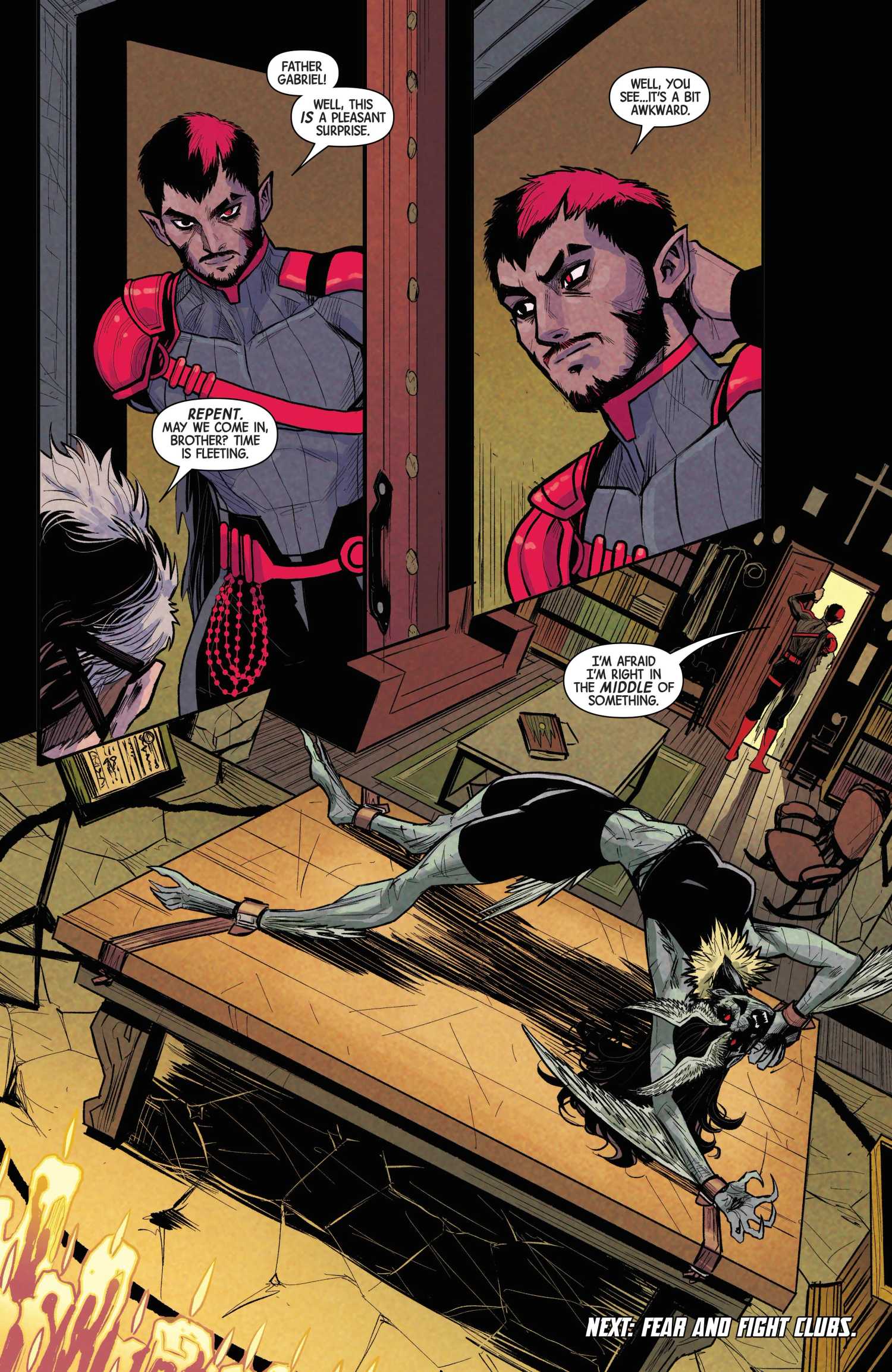 Repent performs an exorcism on a mutant in Uncanny X-Men #34
