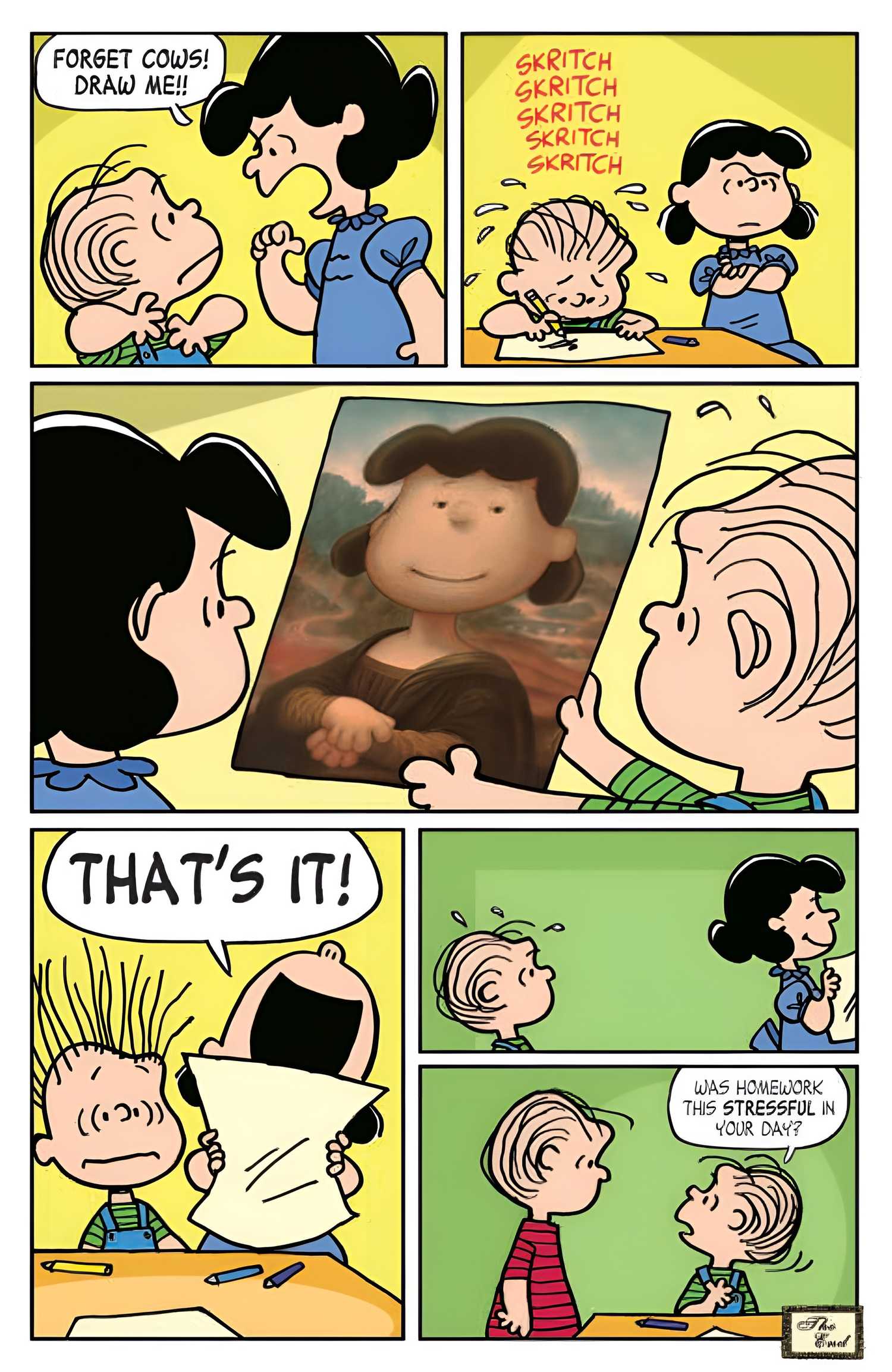 Rerun van Pelt paints Lucy as the Mona Lisa in Peanuts