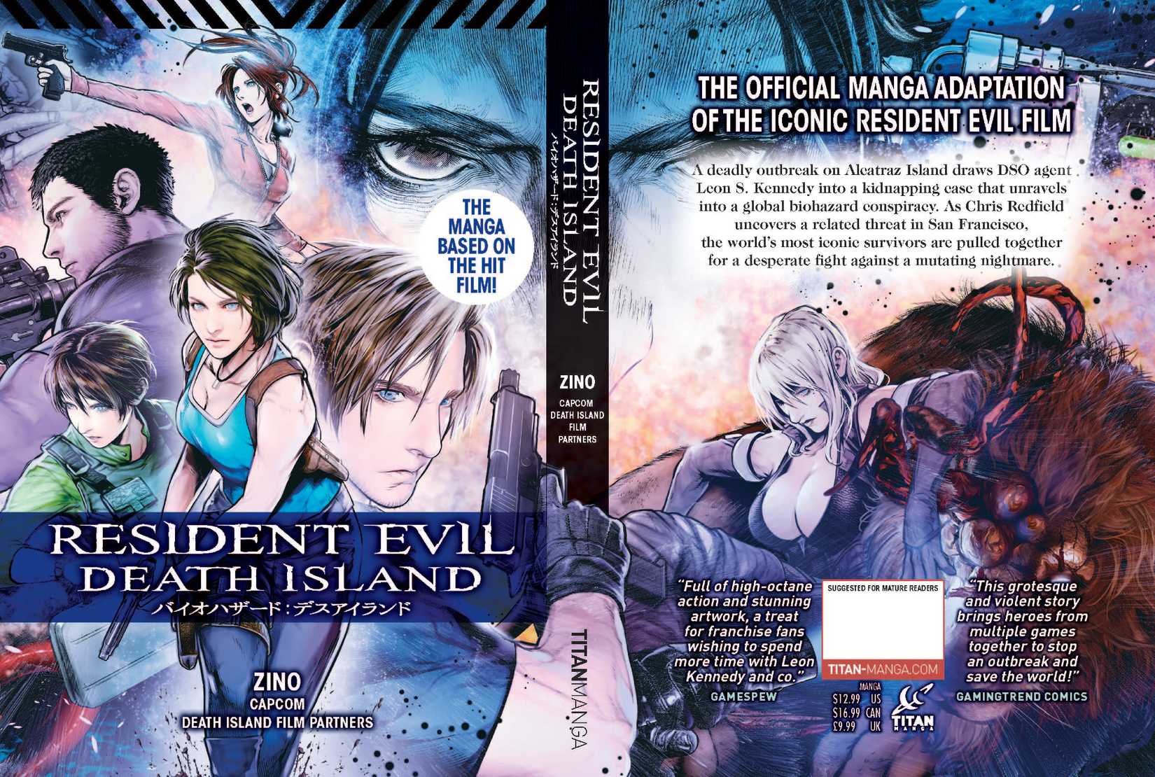 Resident Evil Death Island manga cover depicting the manga's heroes looking serious in various action poses.