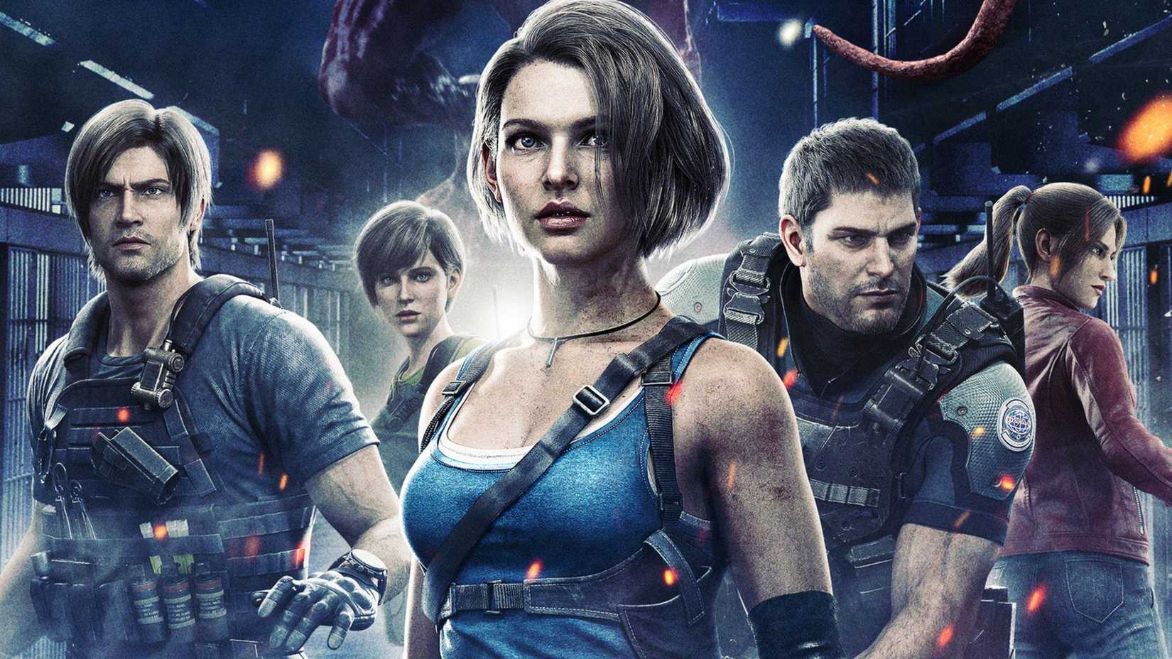 Resident Evil's Jill Valnetine stands and looks blankly ahead while Chris, Leon, Rebecca, and Claire stand behind her.