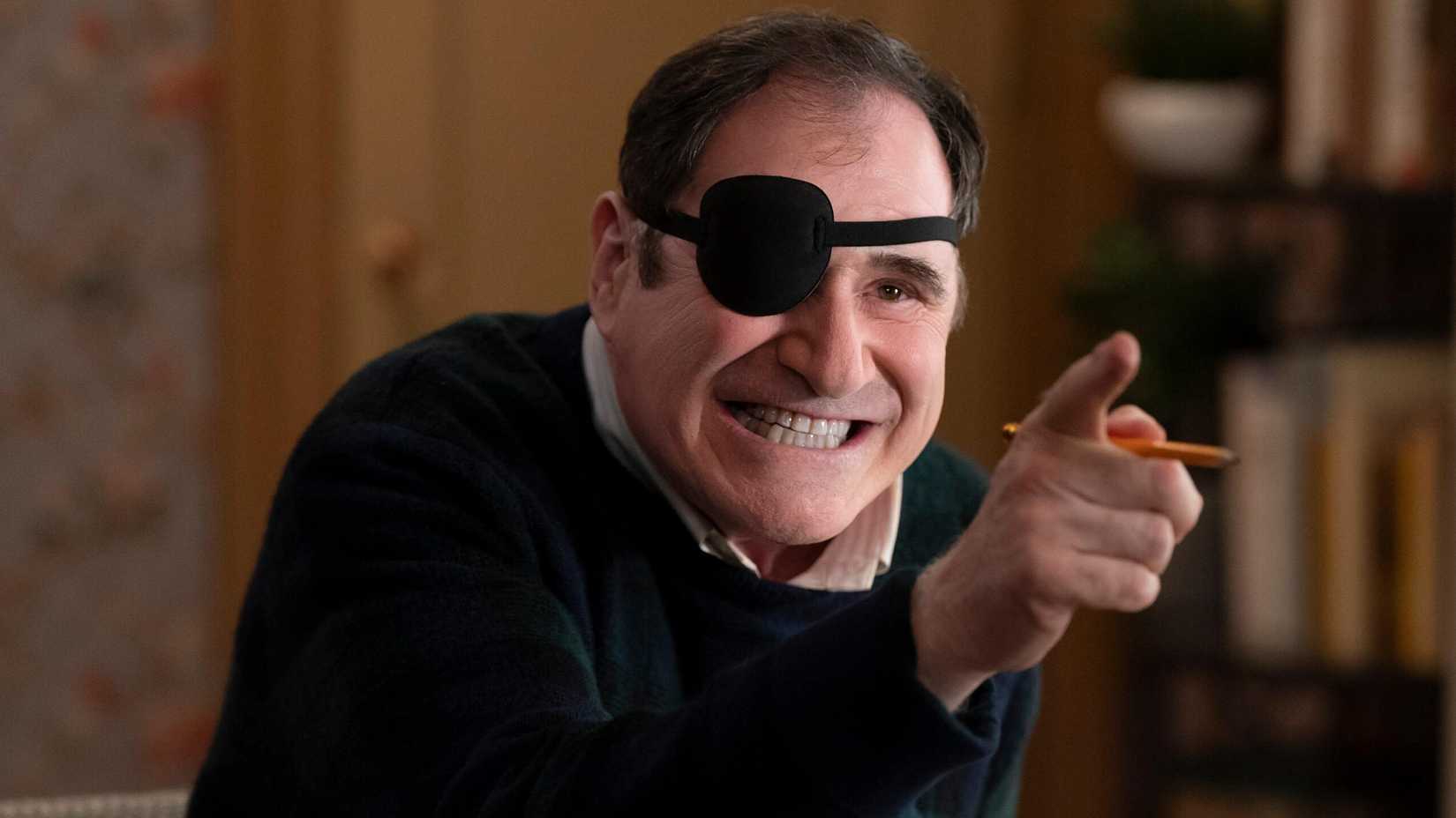 Richard Kind Westie pointing with pencil excitedly in Only Murders in the Building.