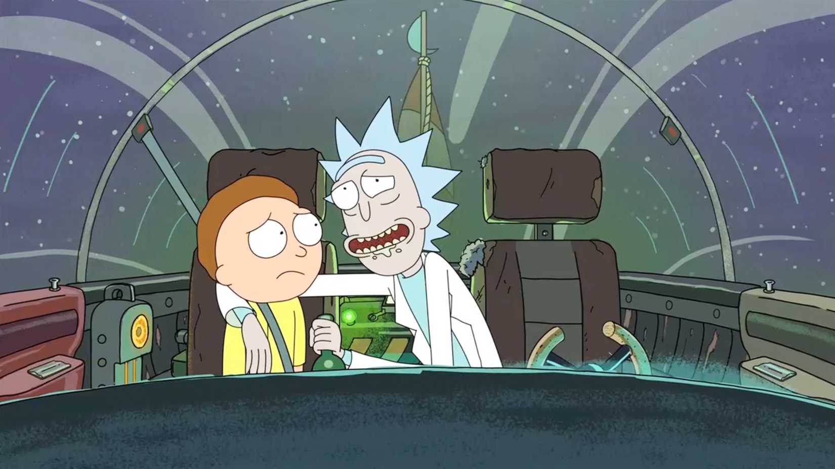 Rick and Morty with Rick Sanchez very drunk in a spaceship