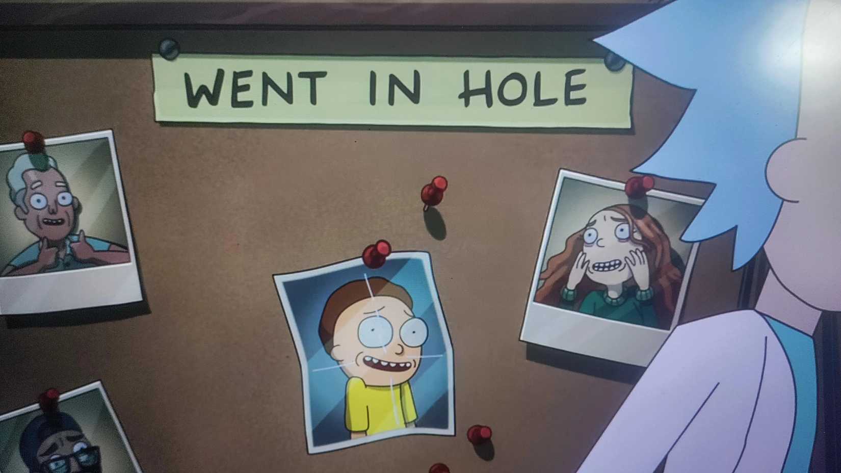 Rick Sanchez after pinning up a picture of Morty in Fear No Mort