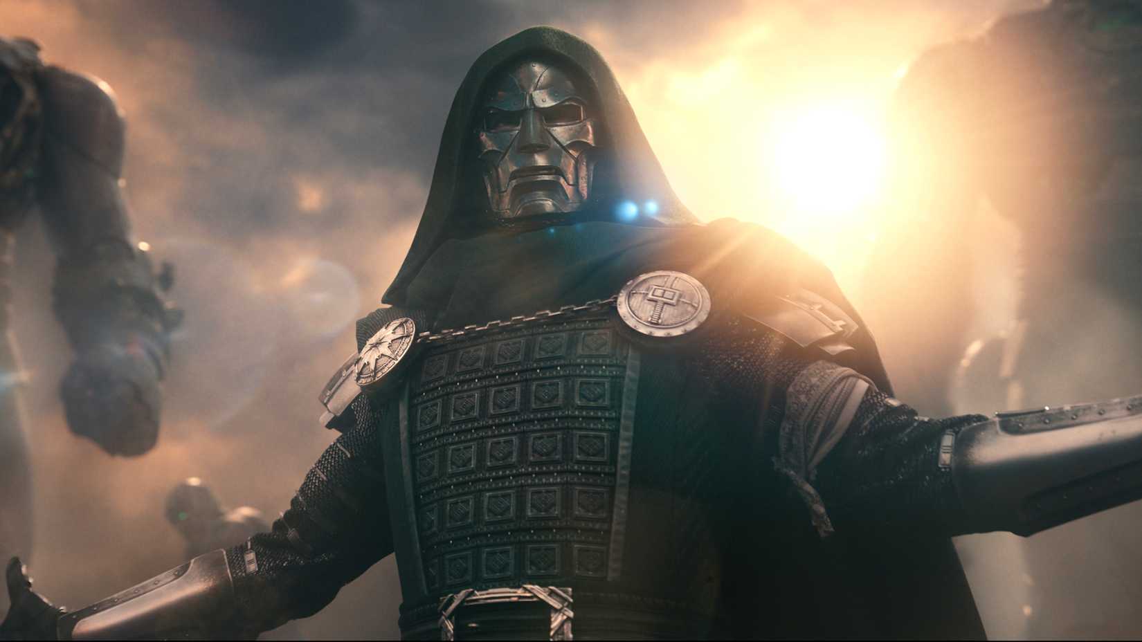 Robert Downey Jr.'s Doctor Doom with the Sentinels behind him in Avengers_ Doomsday