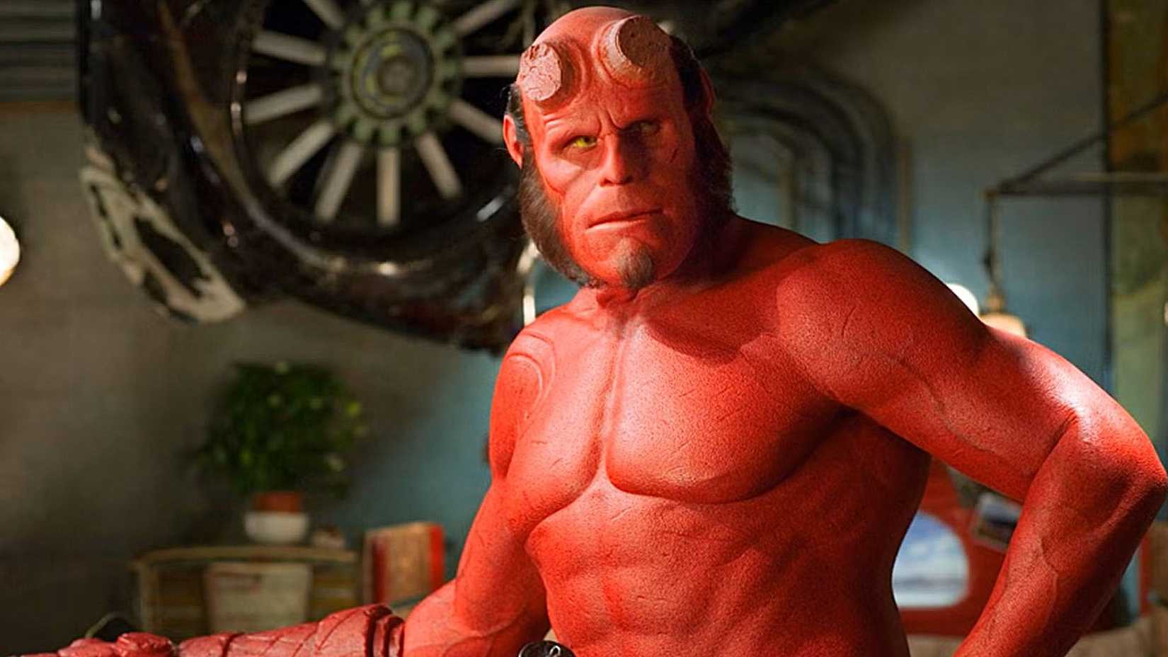 Ron Perlman as Hellboy looking annoyed