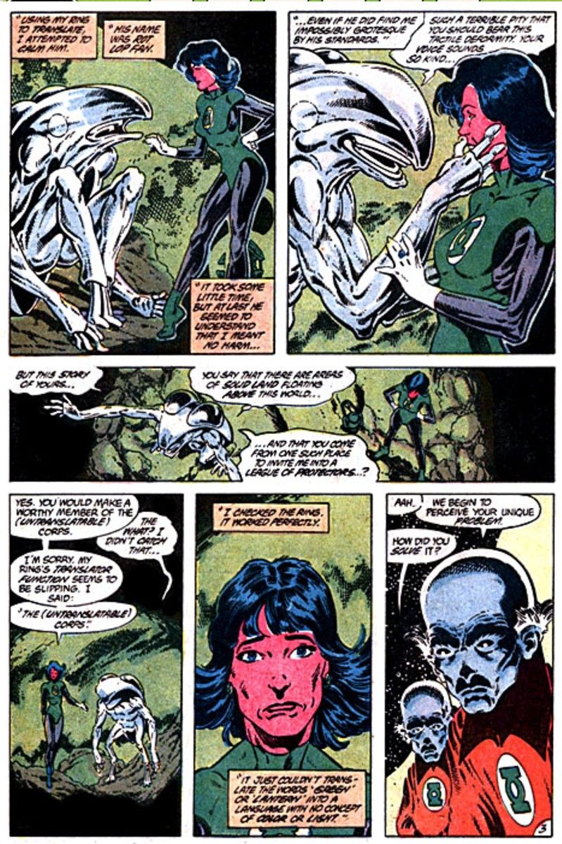 A page of Tales of the Green Lantern Corps Annual 3 showing Katma Tui meeting Rot Lop Fan.