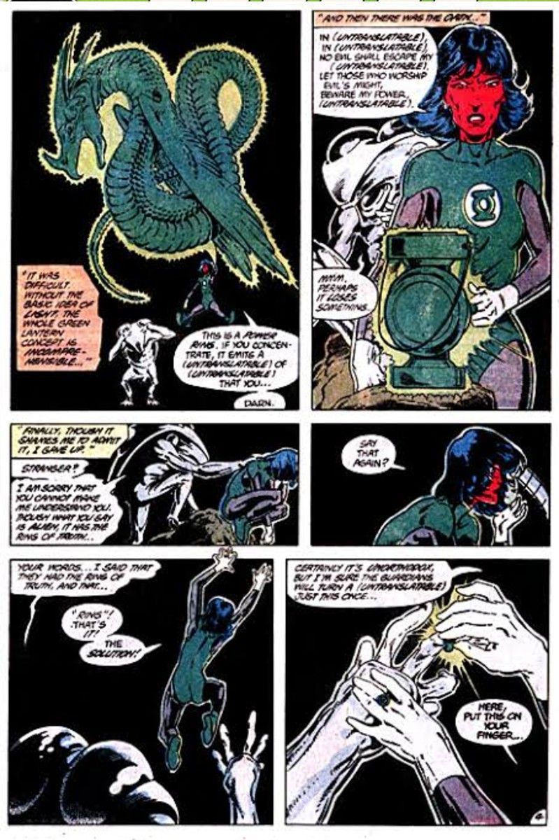 A page from Tales of the Green Lantern Corps Annual 3 showing Katma Tui crafting a special ring for Rot Lop Fan.