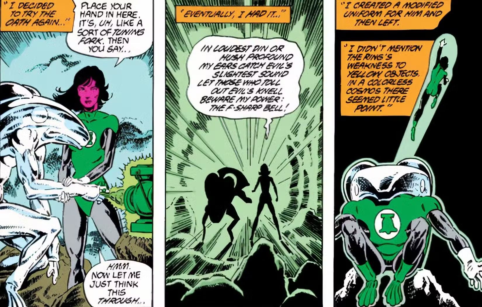 Panels from Tales of the Green Lantern Corps Annual 3 showing Rot Lop Fan recite his special oath and get his distinct F-Sharp Bell uniform for the first time.