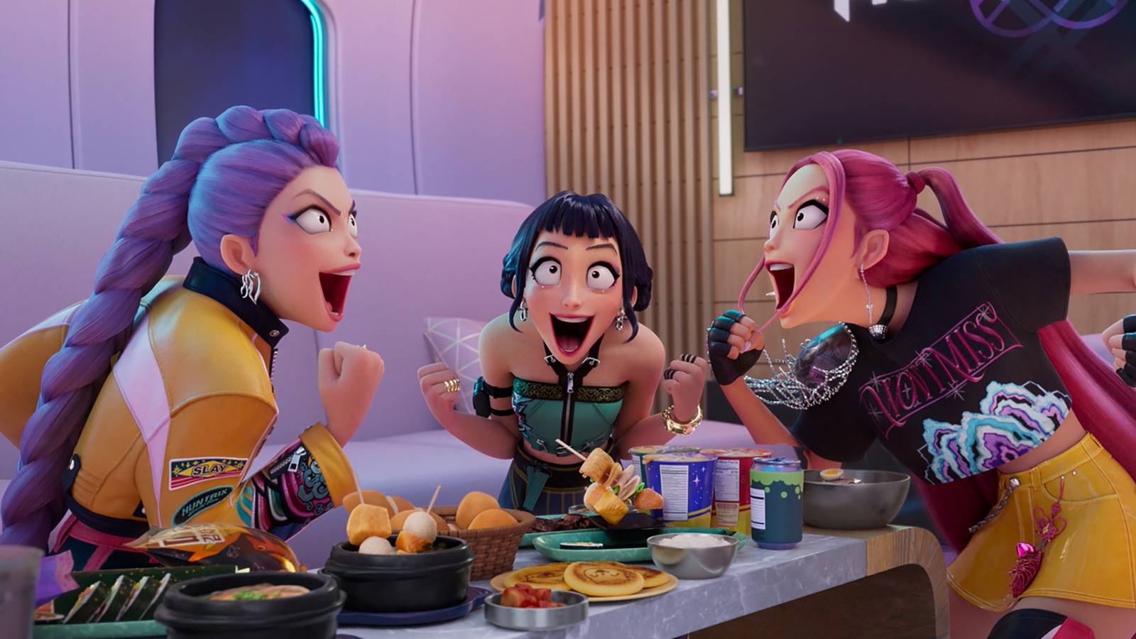 Rumi Zoey and Mira excited and with lots of food in KPop Demon Hunters