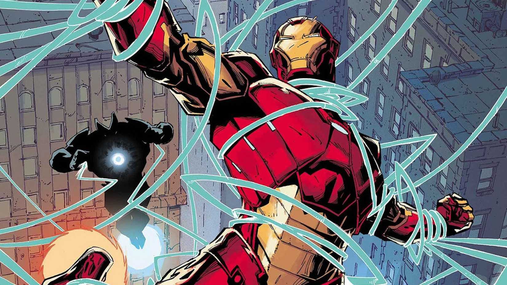 Iron Man flying in the air, bound by Whiplash's long energy whips