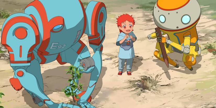 Sara Grace next to her robot parents in Netflix's Eden