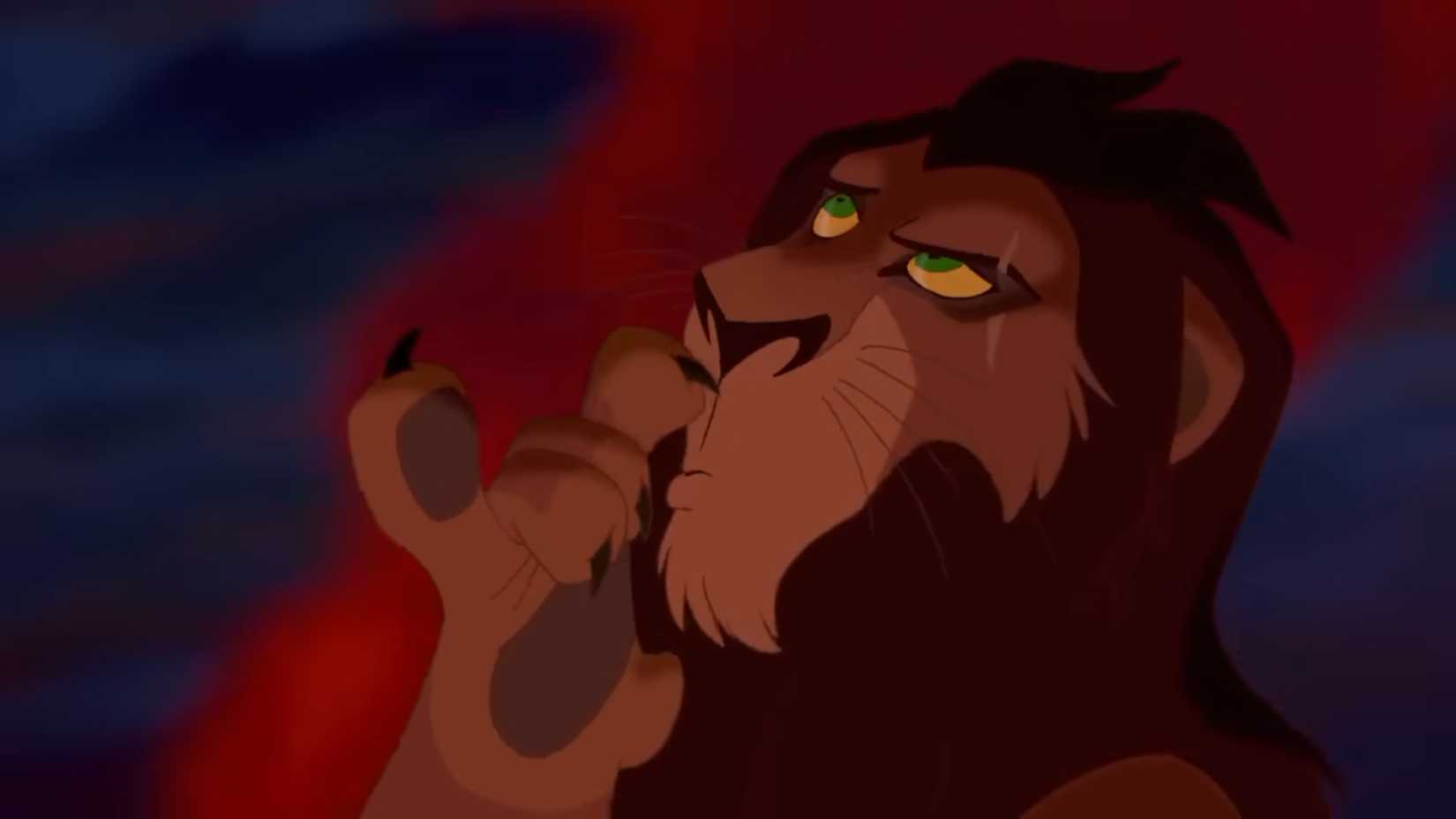 Scar pondering on pride rock in The Lion King