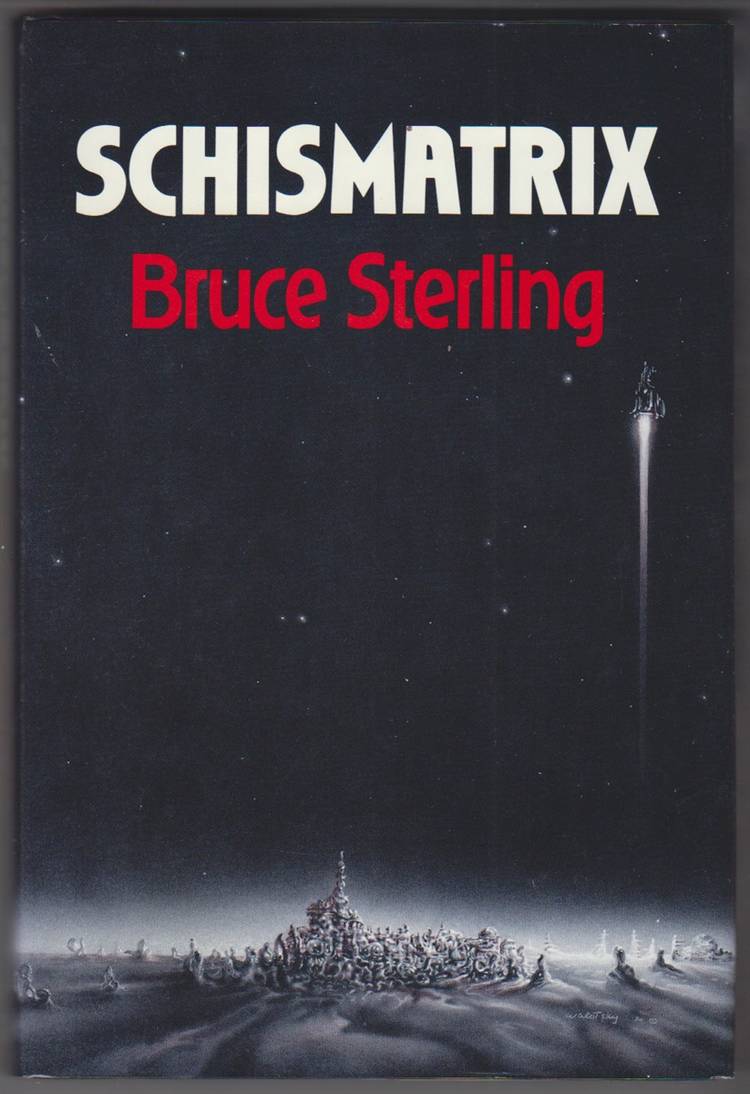 Schismatrix by Bruce Serling shows a rocket and a town