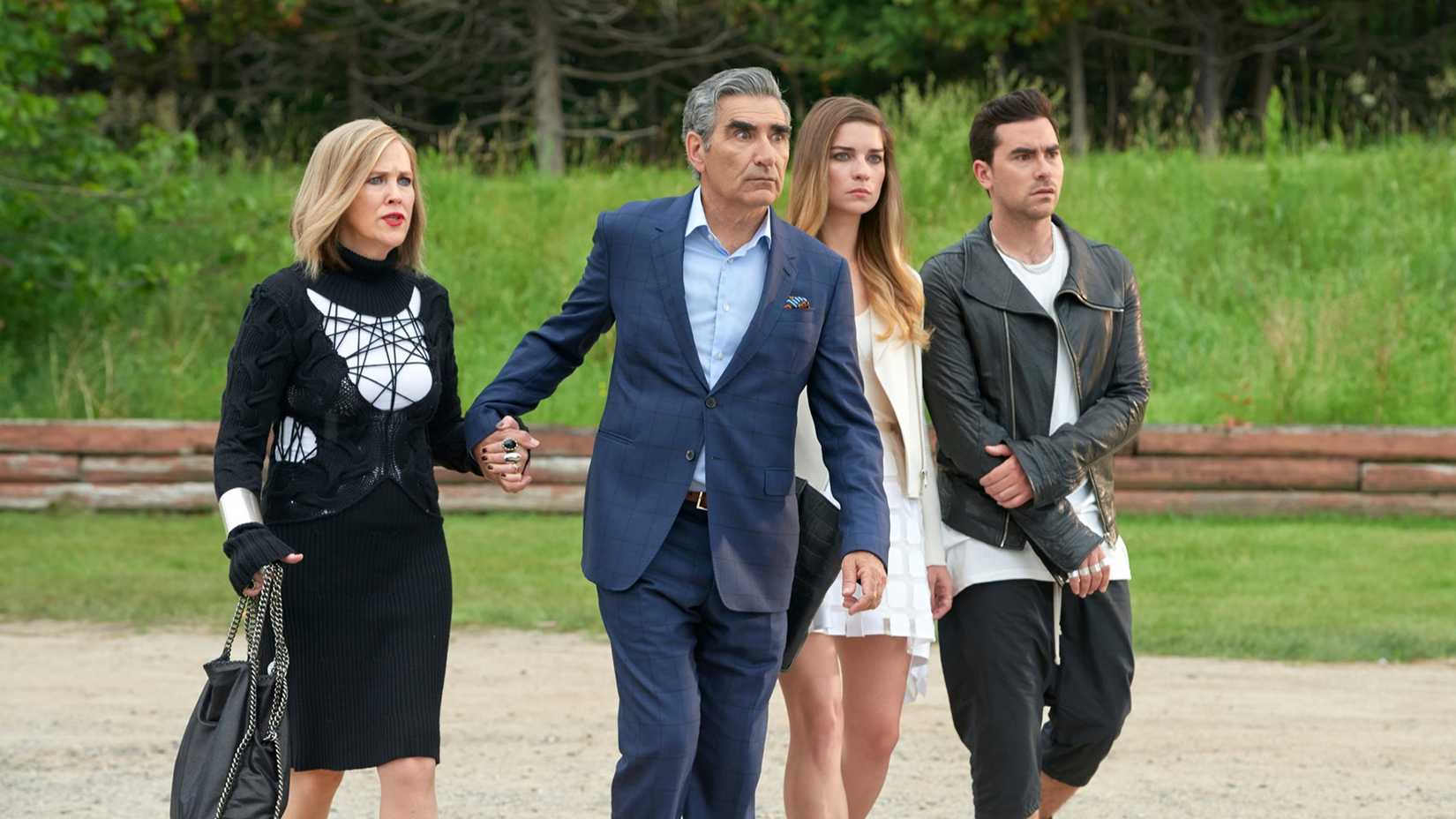 Moira, Johnny, Alexis, and David Rose in the Schitt's Creek pilot episode.
