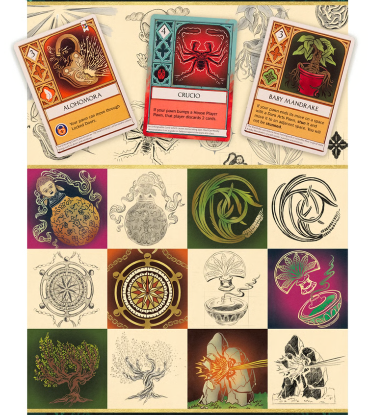 Image showing some illustrated cards from Defender of Hogwarts board game