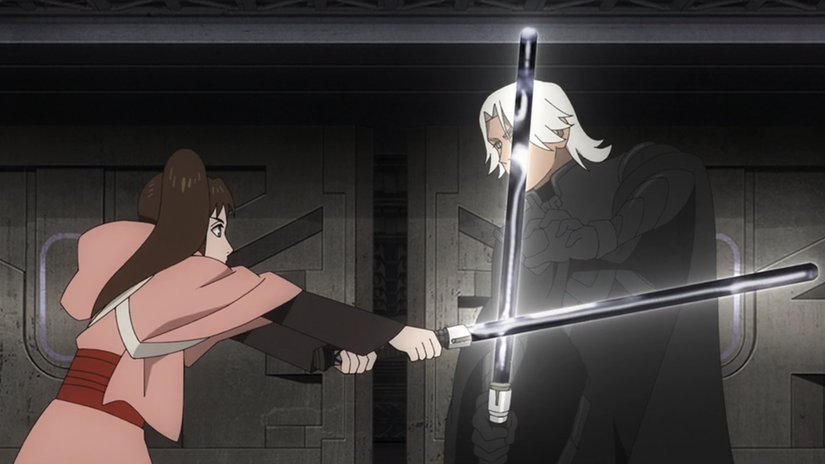 Lah Kara and Nawaam dueling with silver lightsabers in Star Wars: Visions Presents - The Ninth Jedi episode 8