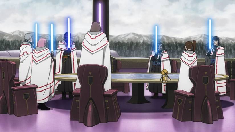 The new Jedi Council raising their lightsabers around a table at the end of The Ninth Jedi episode 8