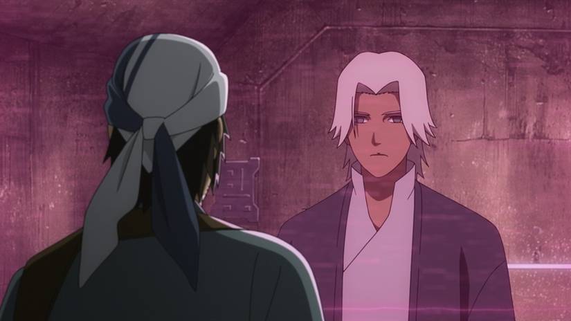 Lah Zhima standing in front of Nawaam, who is behind a red laser gate, in The Ninth Jedi's ending
