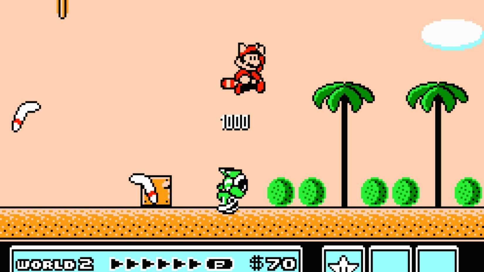 Screenshot from Super Mario bros 3 screenshot with Mario having the tanuki suit