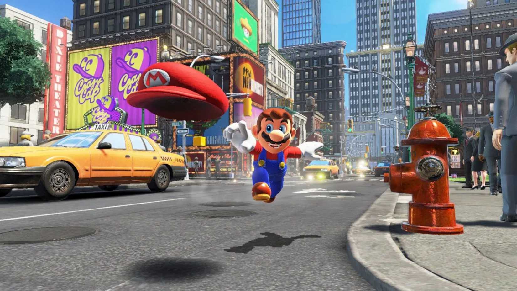 Screenshot from Super Mario Odyssey with Mario chasing his hat