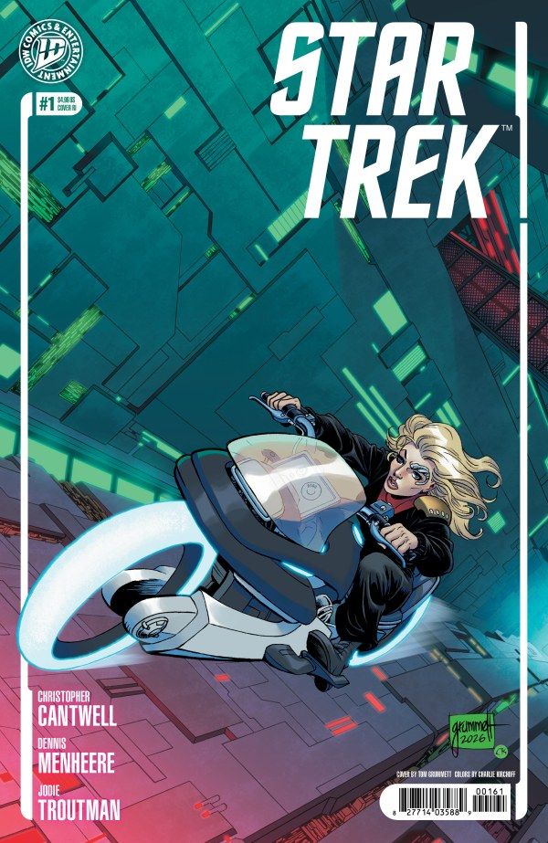 Seven of Nine rides a bike in Star Trek #1 comic cover by IDW Entertainment