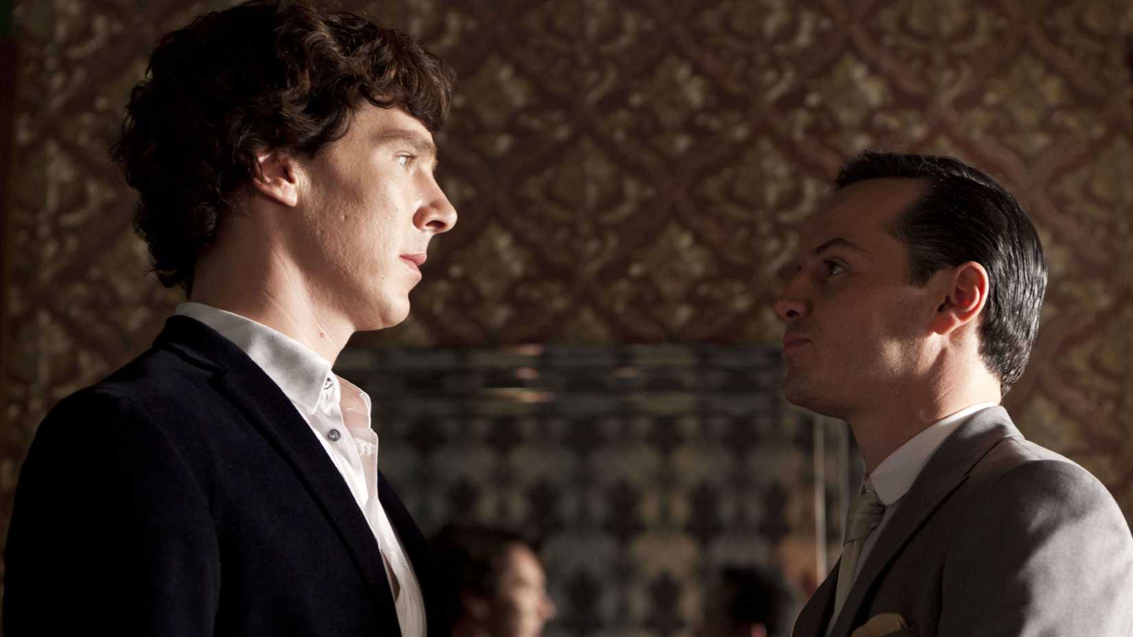 Sherlock and Moriarty facing off in Reichenbach Fall