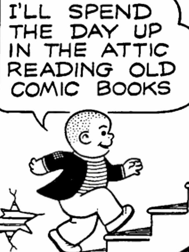 A panel from a Nancy comic strip showing Sluggo going up the stairs saying