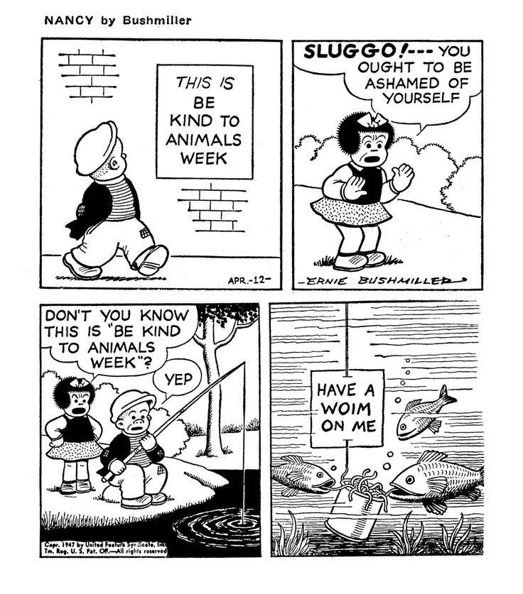 Sluggo is kind to the fish by feeding them with a fishing rod