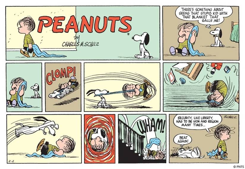 Snoopy and Linus in Peanuts' “Security, Like Liberty, Has To Be Won and Rewon Many Times” comic strip