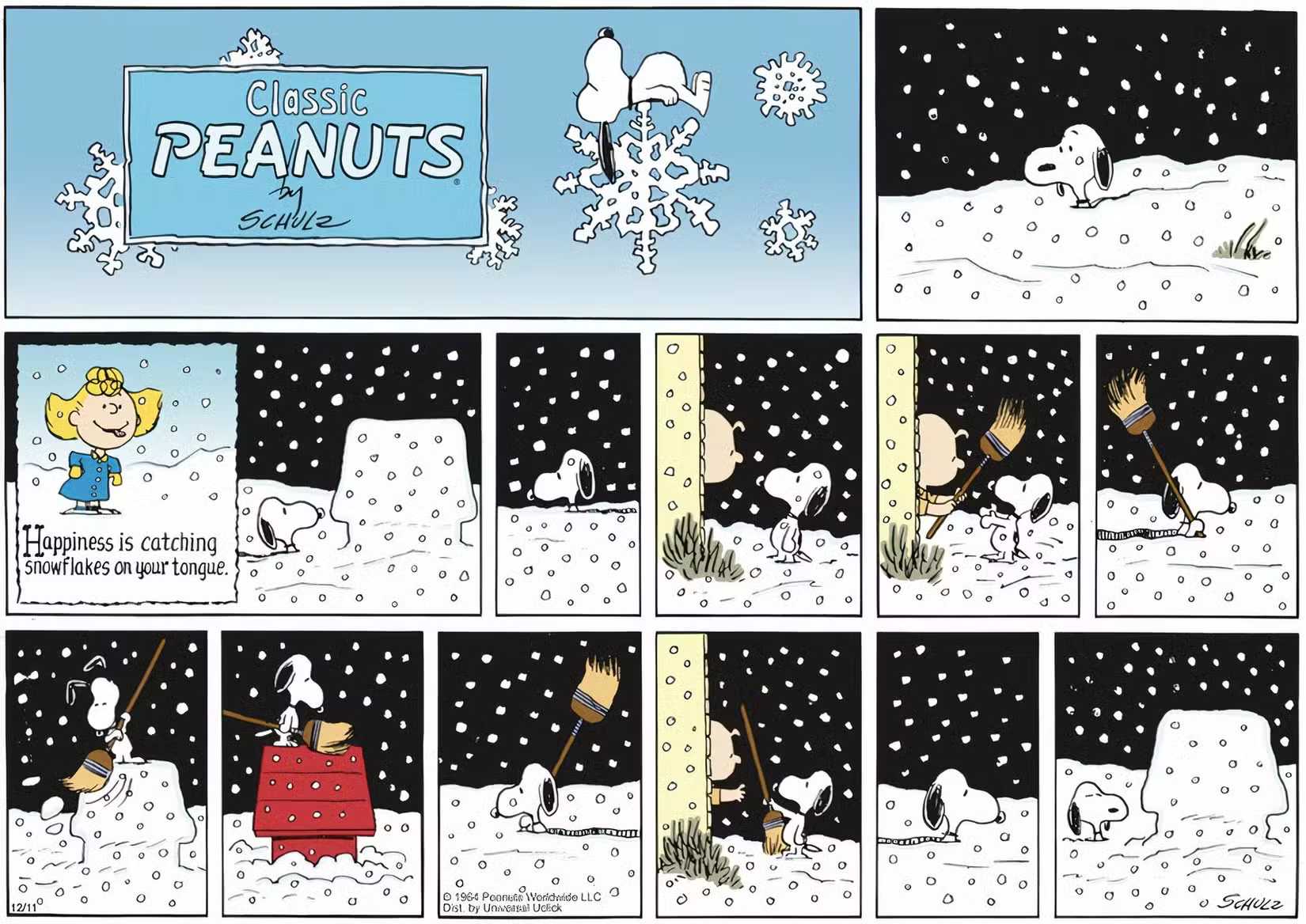 Snoopy fails to keep his house clear of snow in winter-themed Peanuts strip