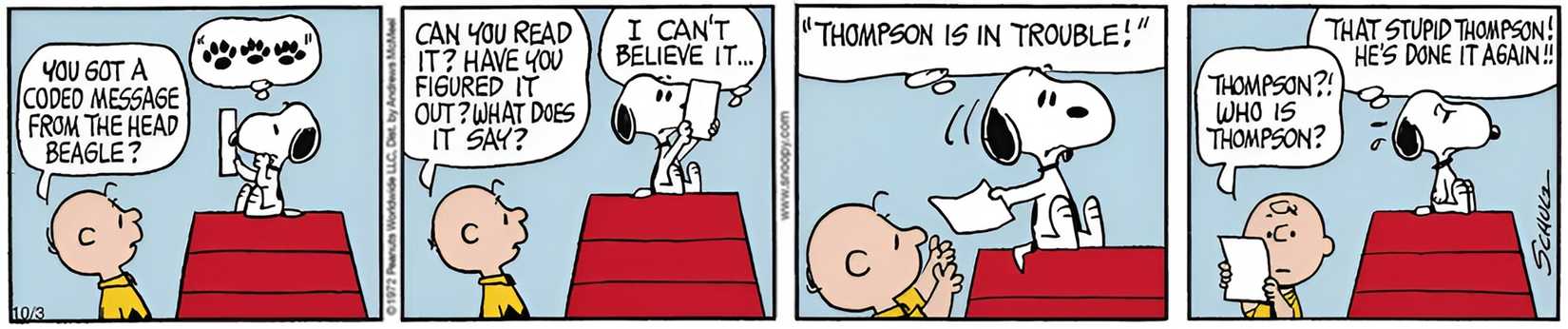 Snoopy gets a letter from Thompson in the Peanuts strip from October 5th 1972