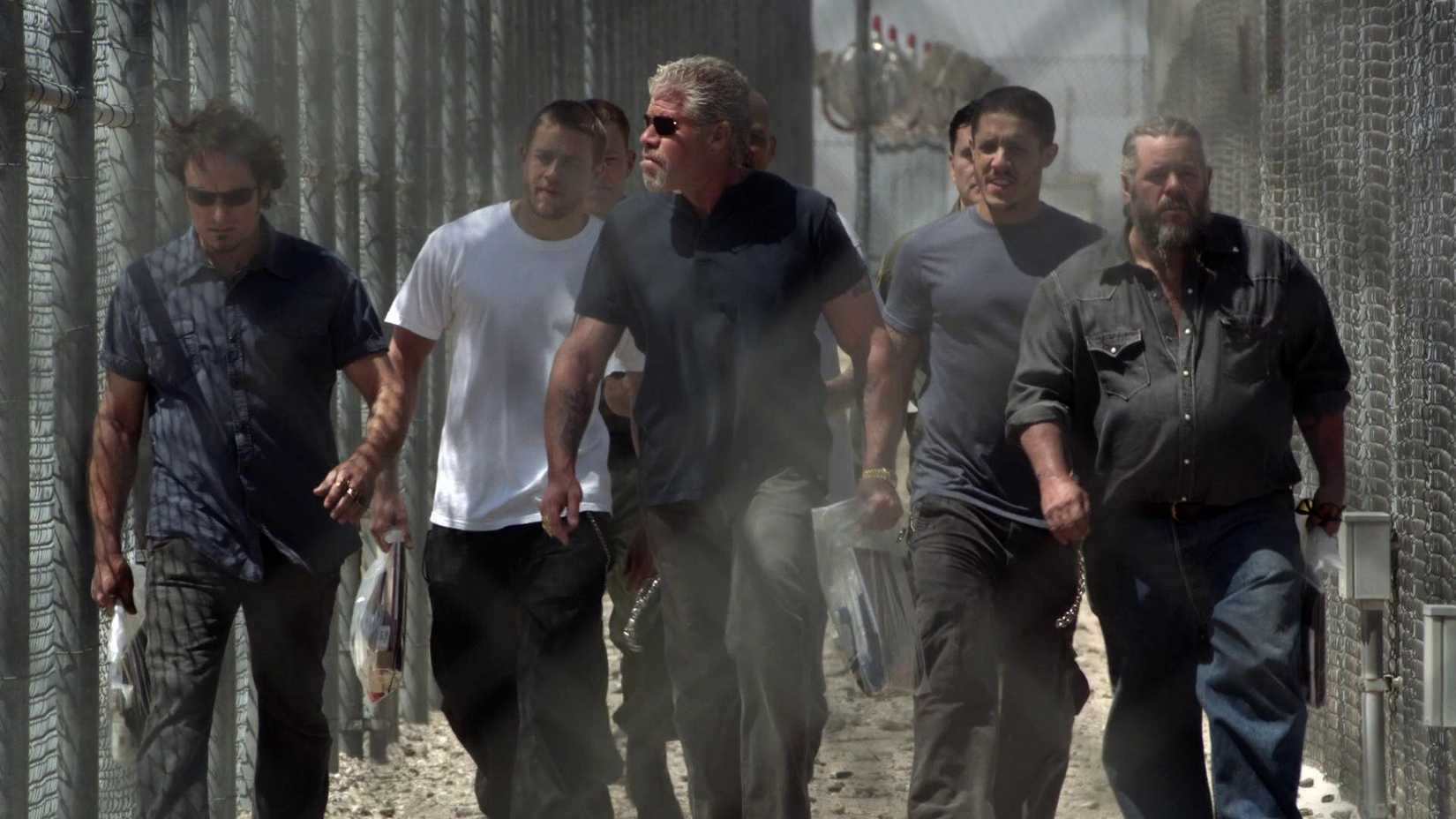 Sons of Anarchy season 4 Tig Jax Clay Happy Juice and Bobby walking out of prison