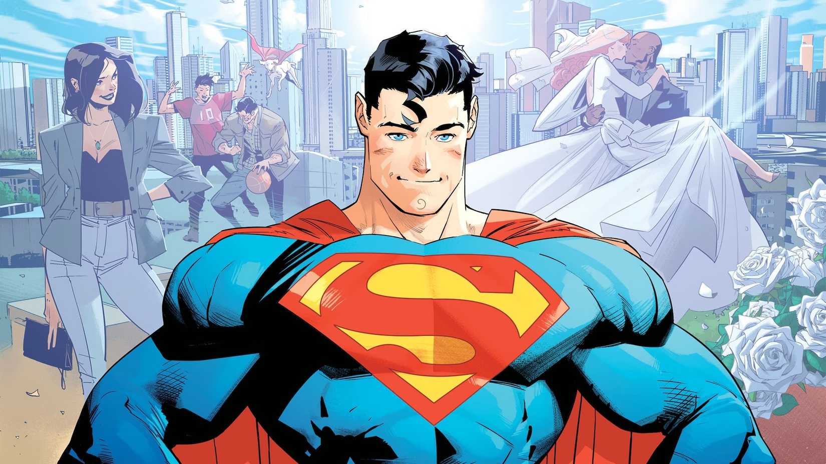 Superman in front of images of supporting characters like Lois Lane, Jon Kent, Krypto, Jon Henry Irons, and Lana Lang