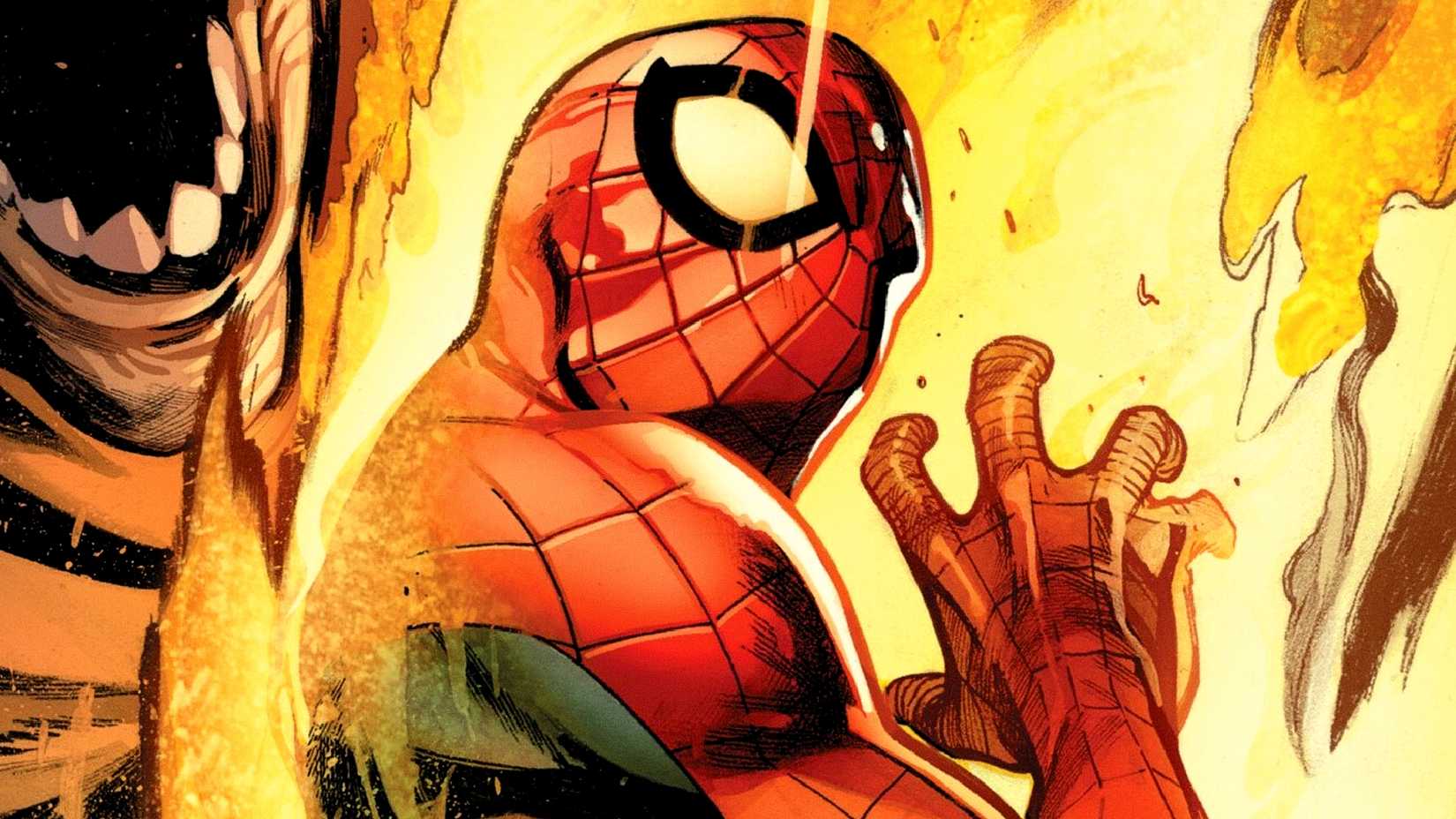Spider-Man braces himself as Hobgoblin attacks him