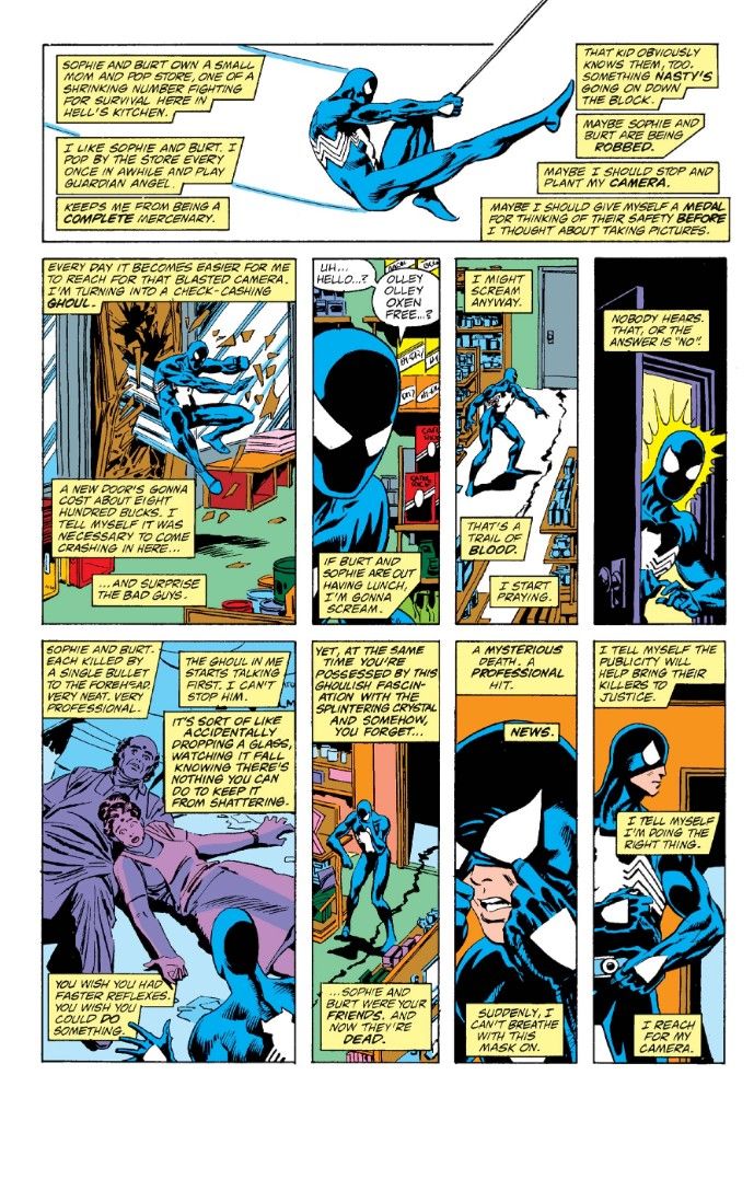 Spider-Man vs Wolverine issue 1 page 7, showing Spider-Man discovering a crime scene and taking photos to seel to the Daily Bugle.