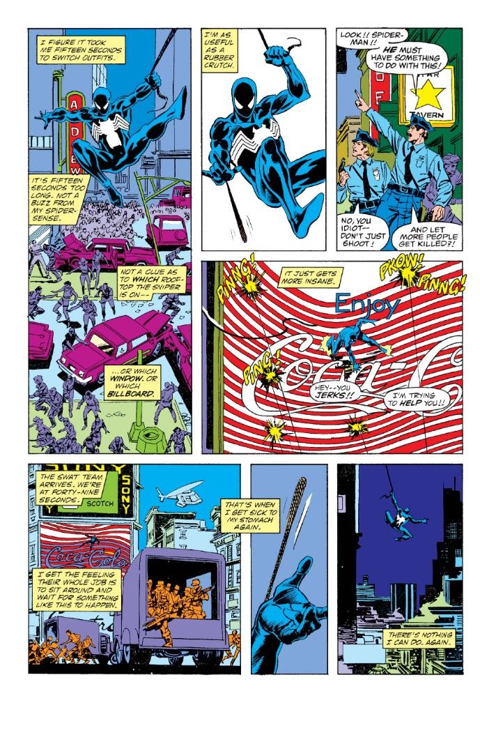 Spider-Man vs Wolverine issue 1 page 16, showing Spider-Man leaving Times Square during an active shooter event after the police open fire on him.