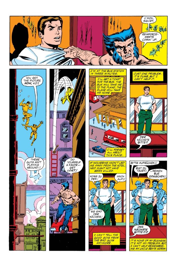 Spider-Man vs Wolverine issue 1 page 30, showing Wolverine saving Peter Parker and telling him to leave Germany. Spider-Man prepares to leave when he thinks of what Uncle Ben told him...