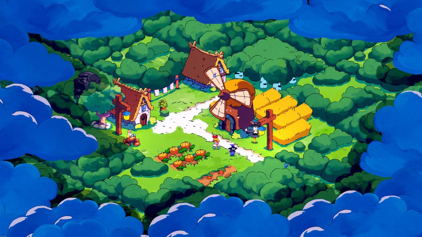 A few small buildings in a growing village in Spiritstead, surrounded by blue clouds.