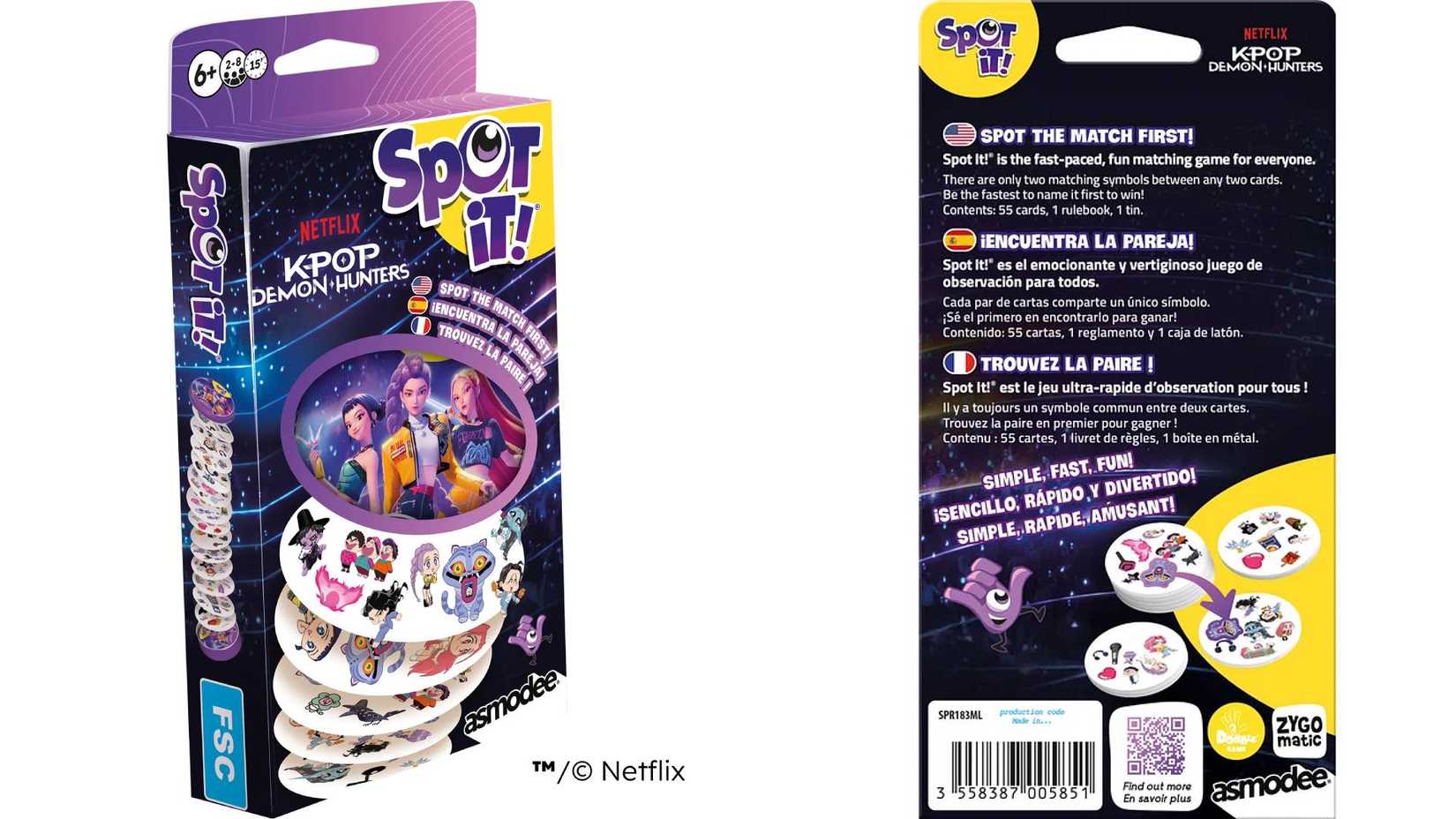 The front and back of the Spot It! KPop Demon Hunters game box.