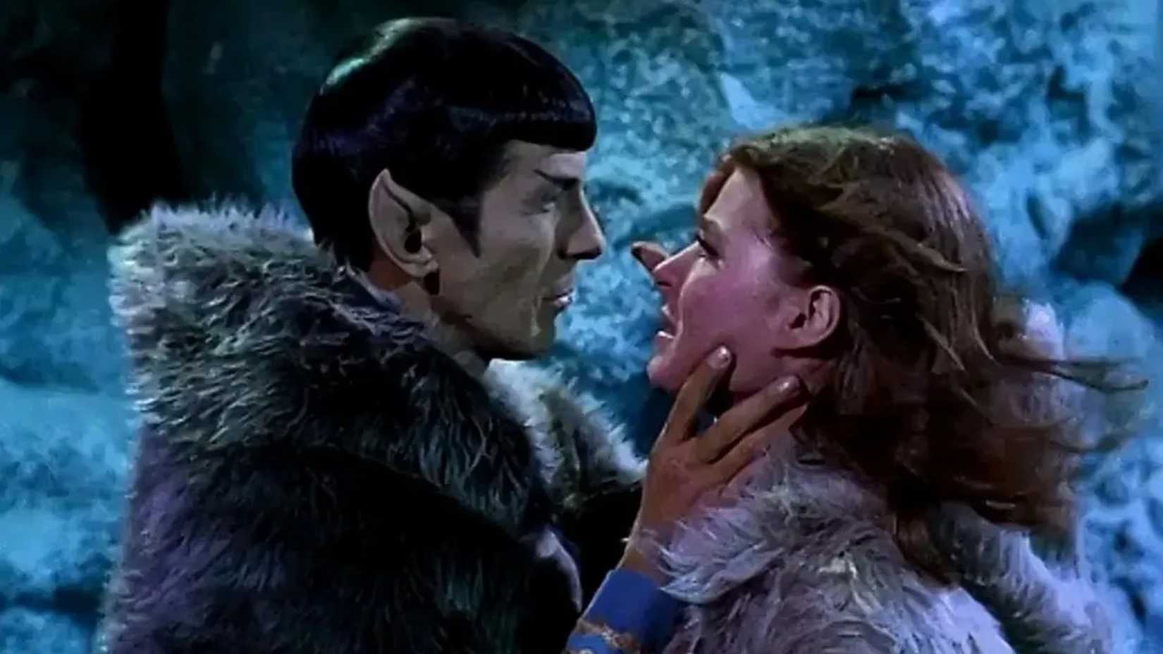 Spock holds a woman in the Star Trek episode All Our Yesterdays