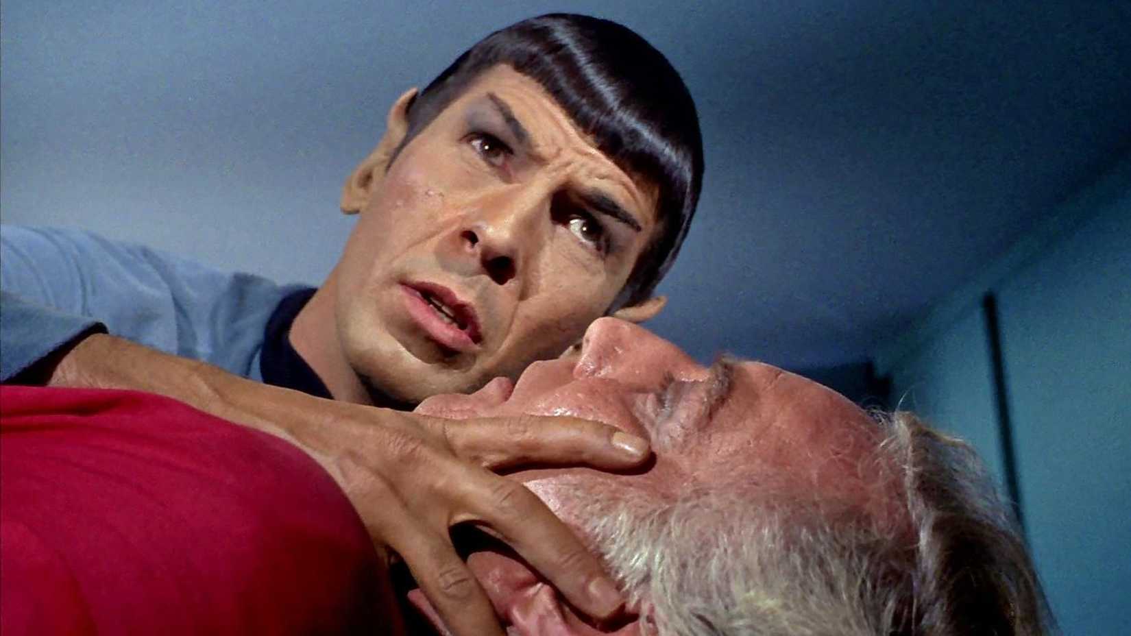 Spock performs a mind meld in the Star Trek episode Dagger of the Mind