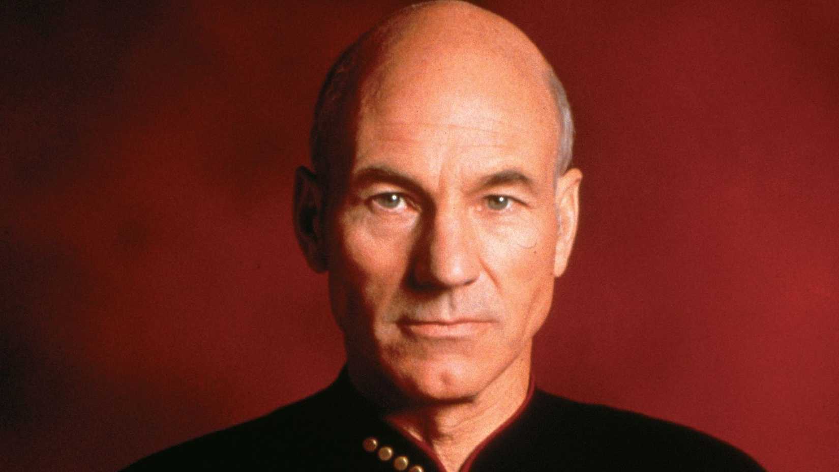 Picard (Patrick Stewart) staring at the screen in Star Trek: The Next Generation.