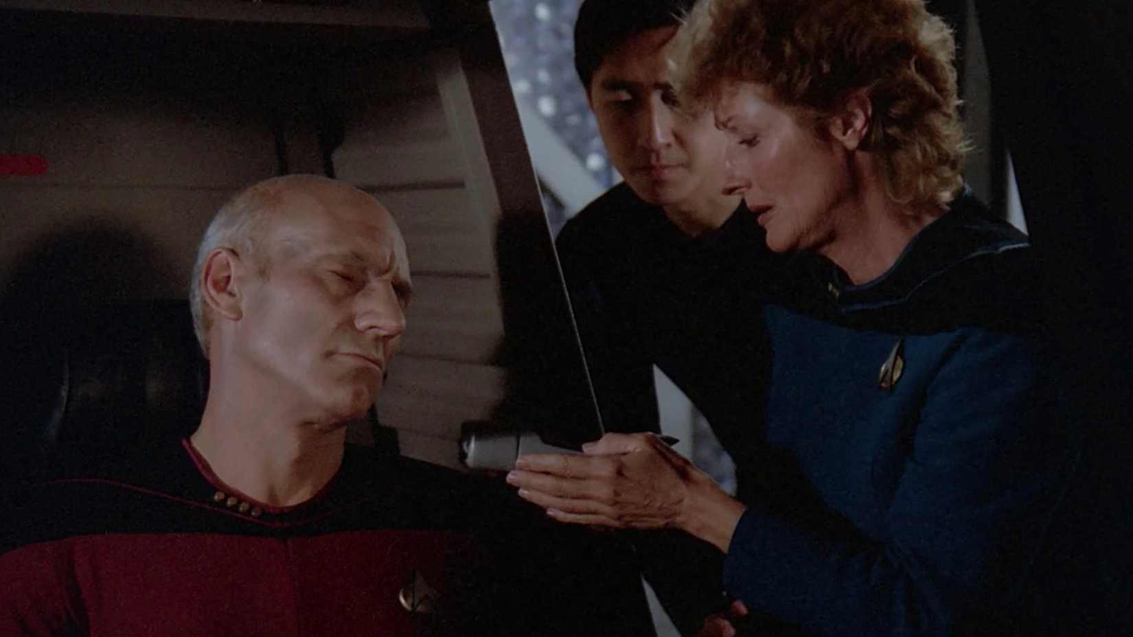Dr. Pulaski scans a sick Captain Picard in Star Trek The Next Generation
