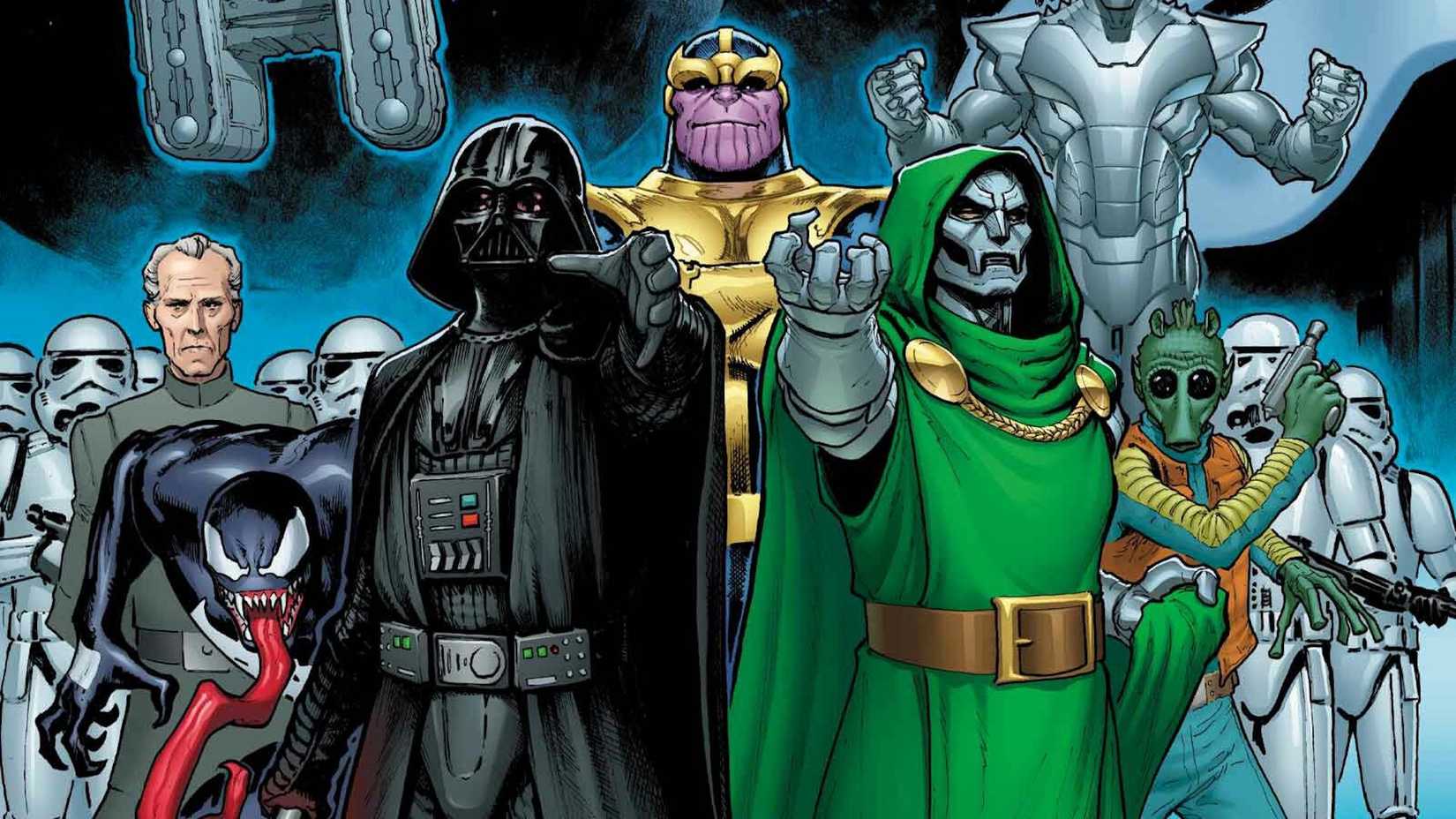 Darth Vader and Doctor Doom holding their hands triumphantly out, with characters like Thanos, Venom, Tarkin, and stormtroopers behind them.