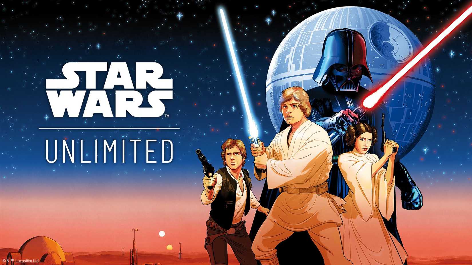 Key art for Star Wars Unlimited featuring Han, Luke, Leia, and Darth Vader.